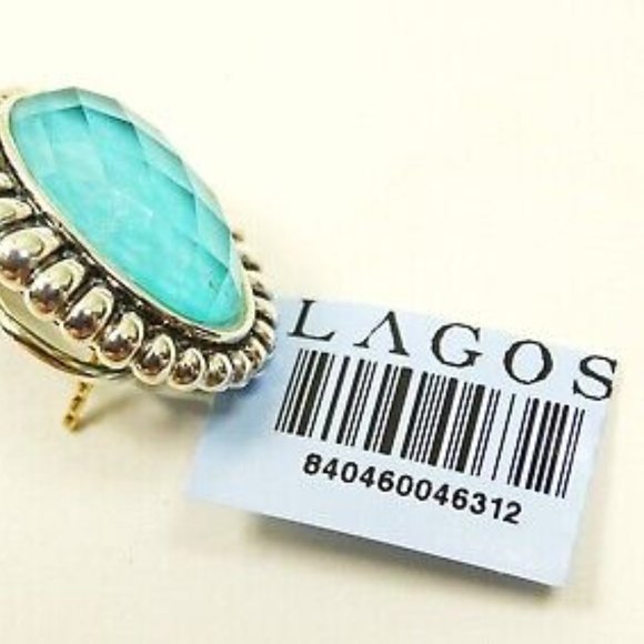 LAGOS Venus Sterling Silver 18K Gold Post Fluted Turquoise Earrings - Picture 10 of 10